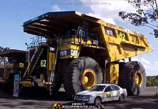 Amazing Caterpillar 797B Mining Truck Parked Between Small Car